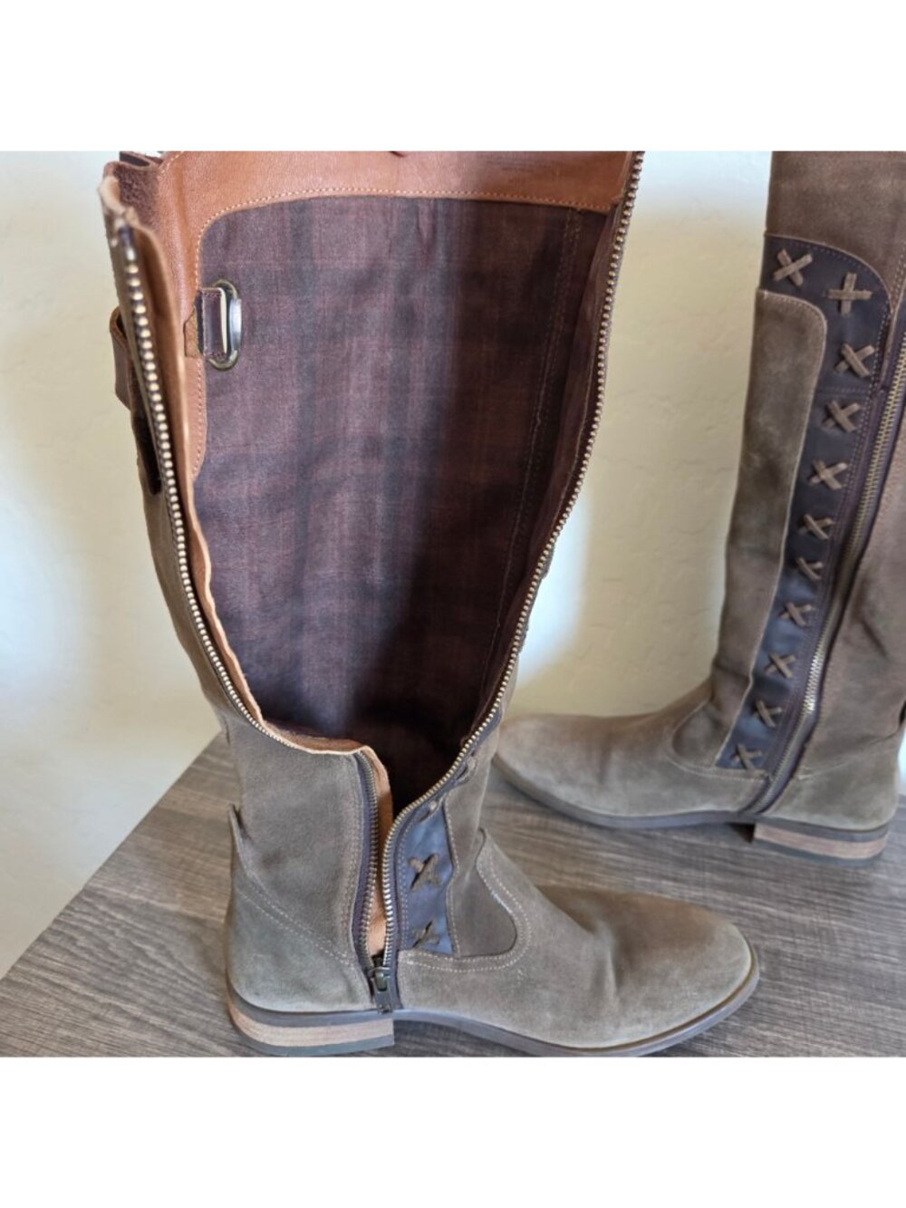 Born Suede Distressed Albi Tall Riding Boots Brown 8.5 Western Boho Cross Stitch - Picture 8 of 12